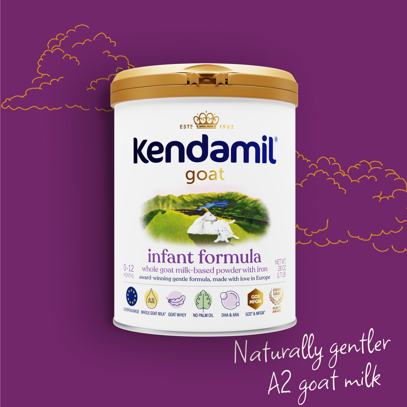 Kendamil goat infant formula container on a purple background
