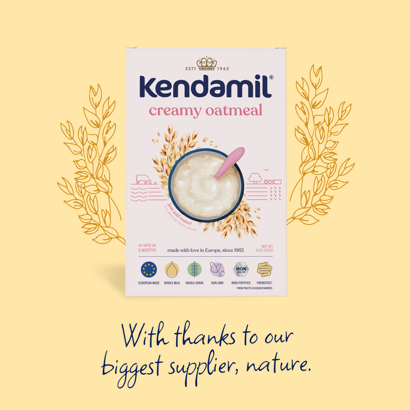 Kendamil creamy oatmeal packaging on a yellow background with text 'With thanks to our biggest supplier, nature.'